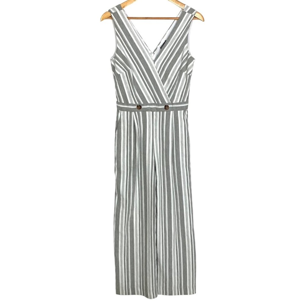 Gray White Striped Wide Leg Linen Blend Jumpsuit 2 V-Neck Nautical Coastal Prep